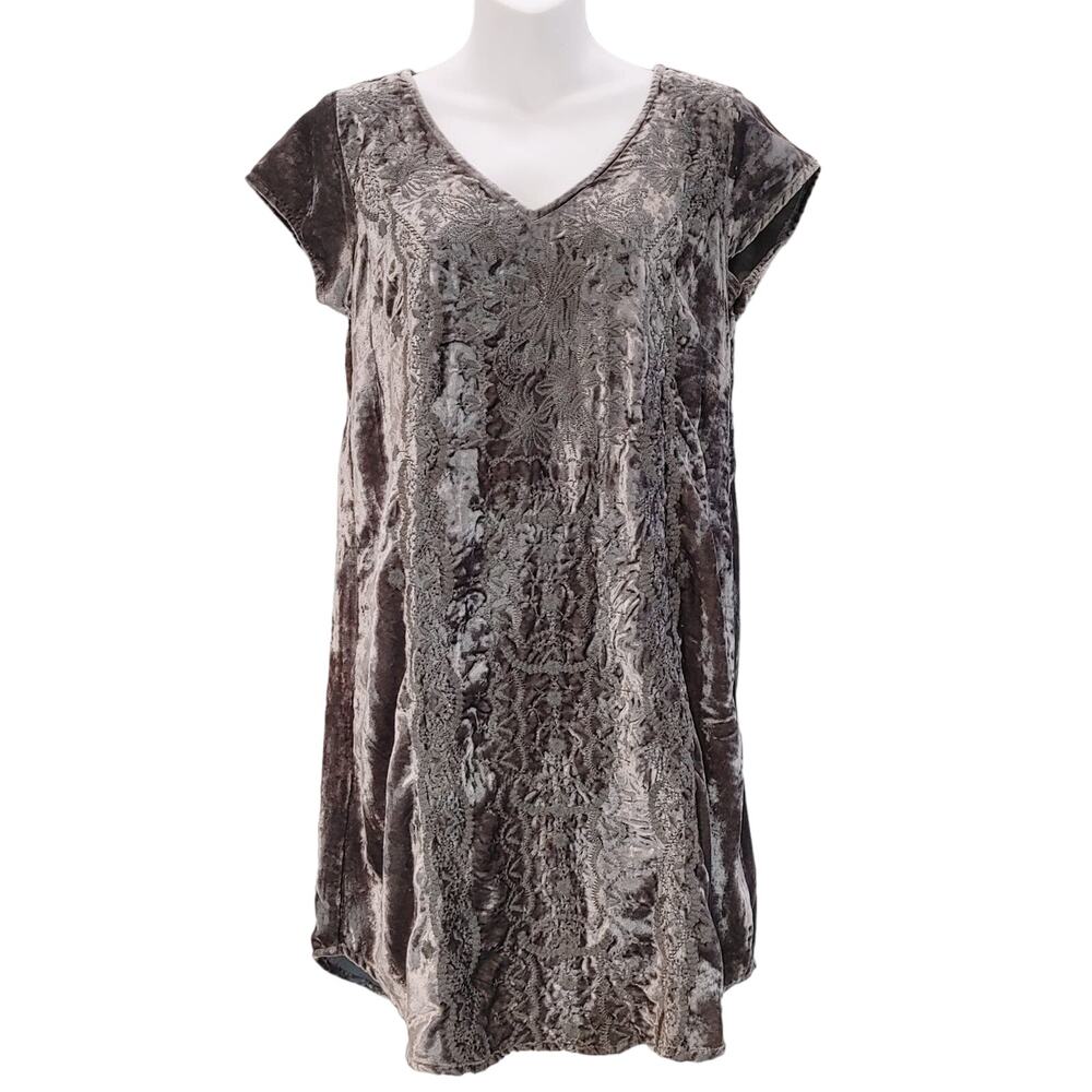 Soft Surroundings Floral Embroidered Velvet V-Neck Shift Dress Gray Womens PXS